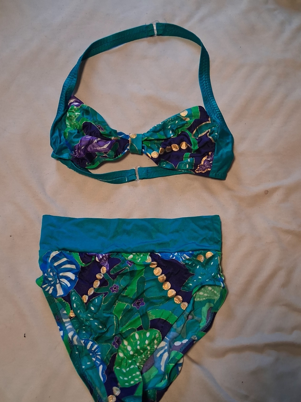 Vtg Teal Floral High-Waist Bikini Set